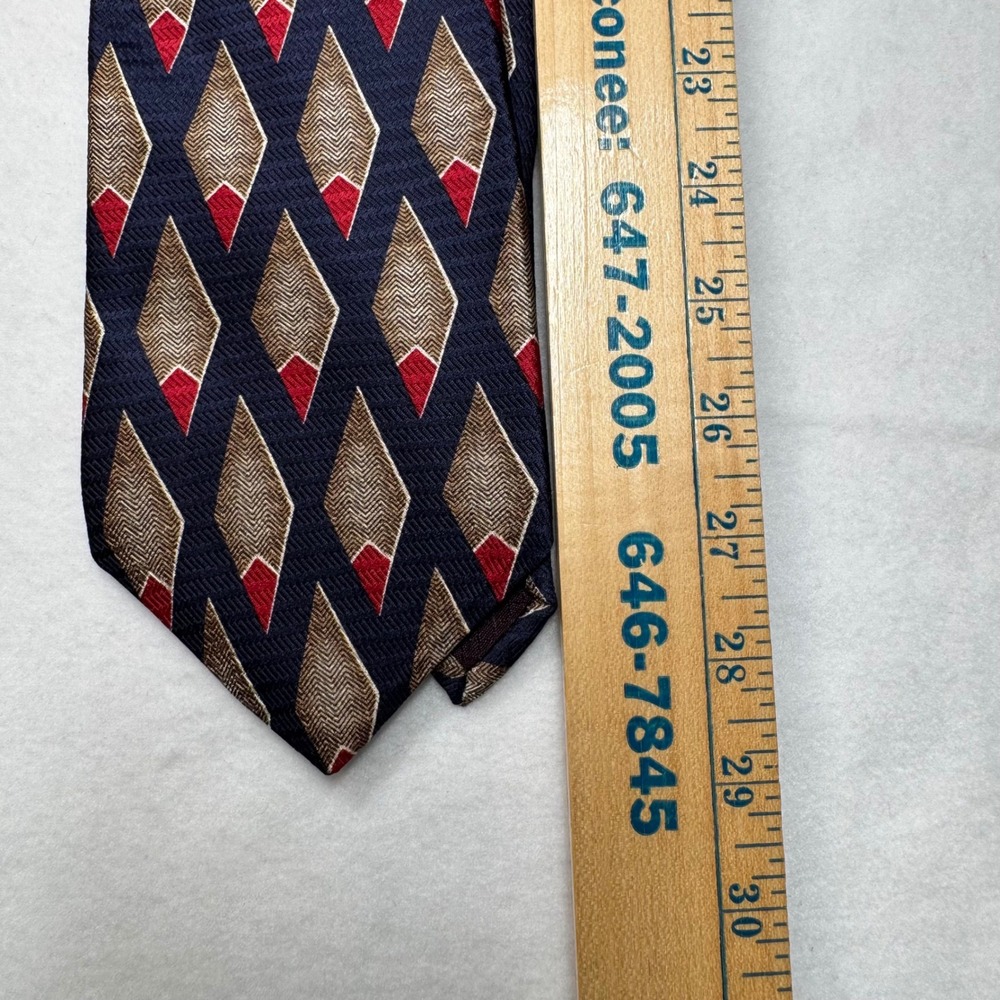 Givenchy Monsieur Vtg Mens Silk Necktie Navy Blue Red Tan Geometric Pattern READ - Picture 3 of 6